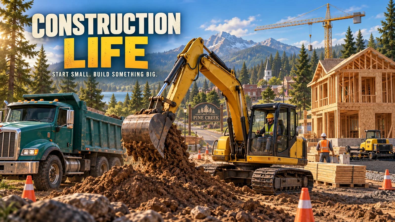 Construction Life cover illustration: an excavator, dump truck and timber home in a wooded town