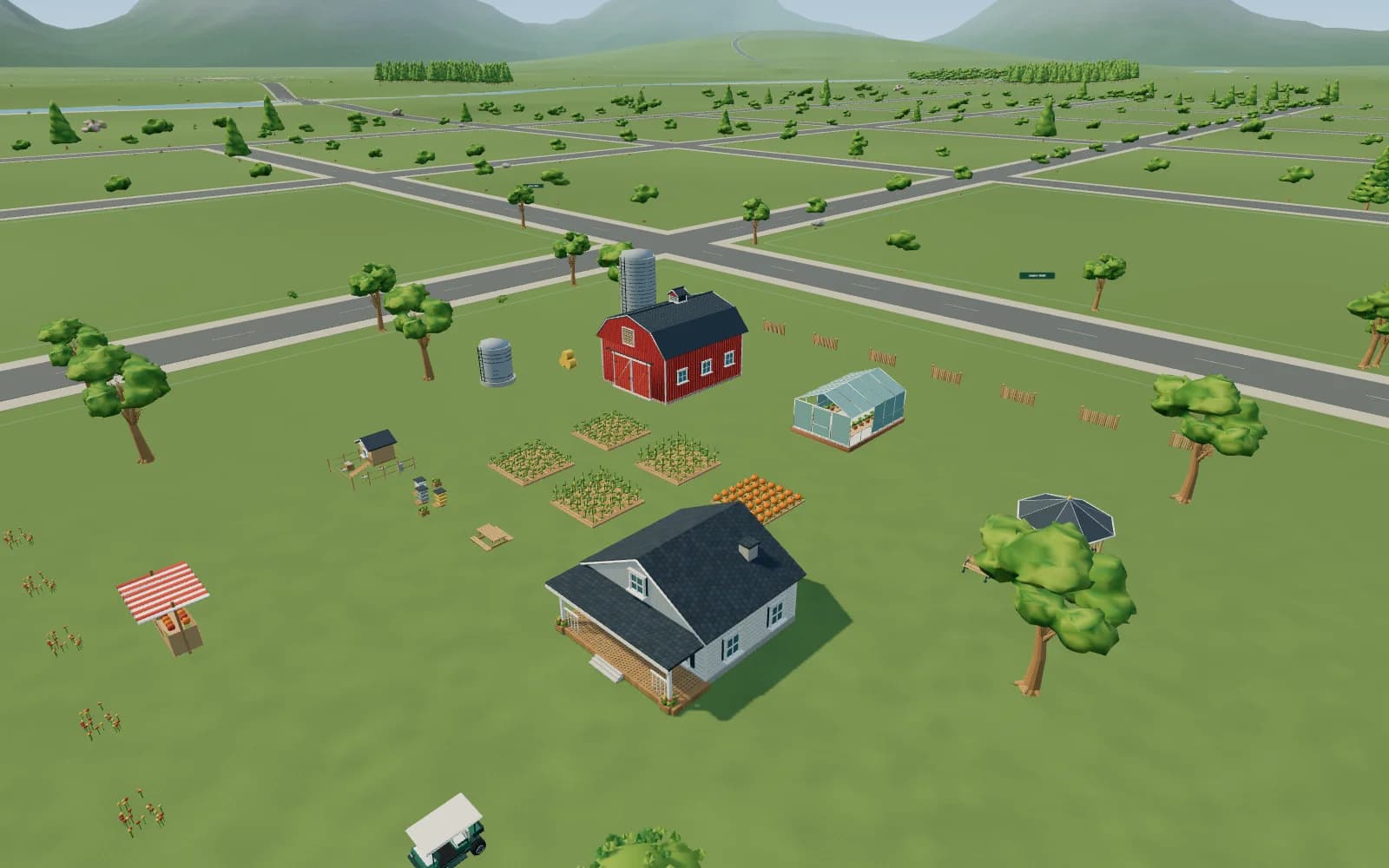 A player-buildable homestead with a red barn, greenhouse, cottage, crops and beehives