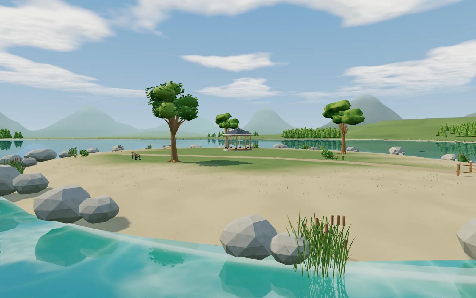 Heron Island’s lakeside gazebo, rocks and shoreline planting